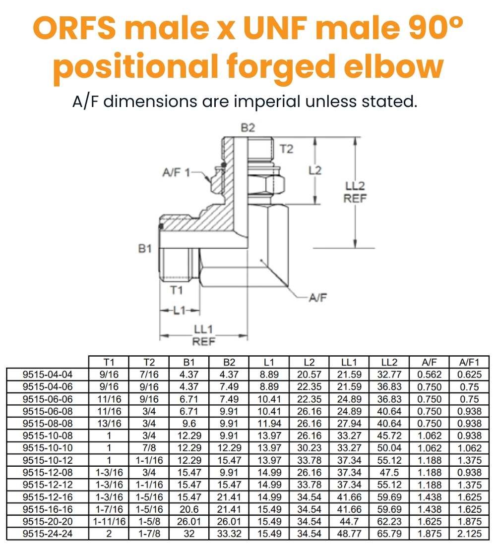 9/16 Orfs x 7/16 UNF M/M 90° Positional Elbow Hydraulic Adaptor